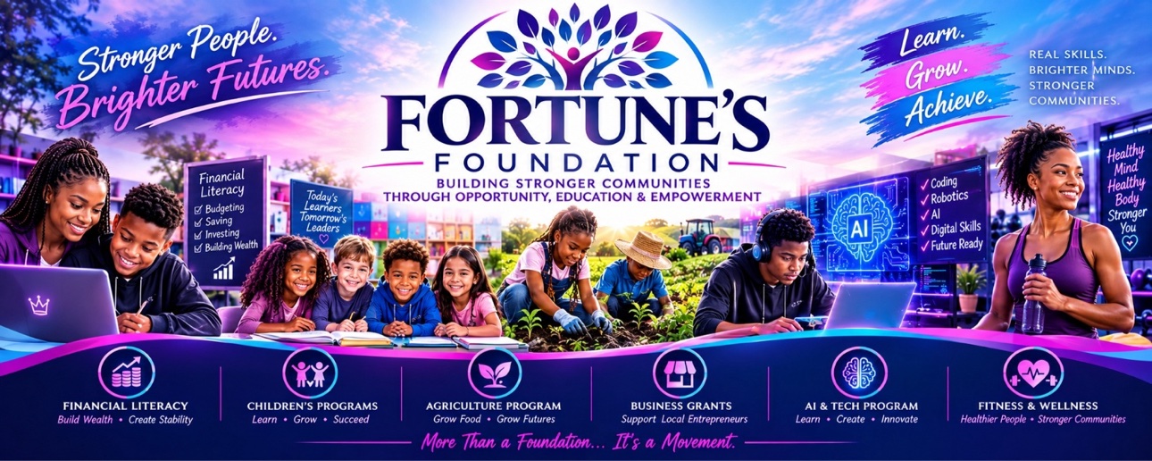 Fortunes Foundation community banner: children and adults learning, gardening, and training in technology — Stronger People, Brighter Futures