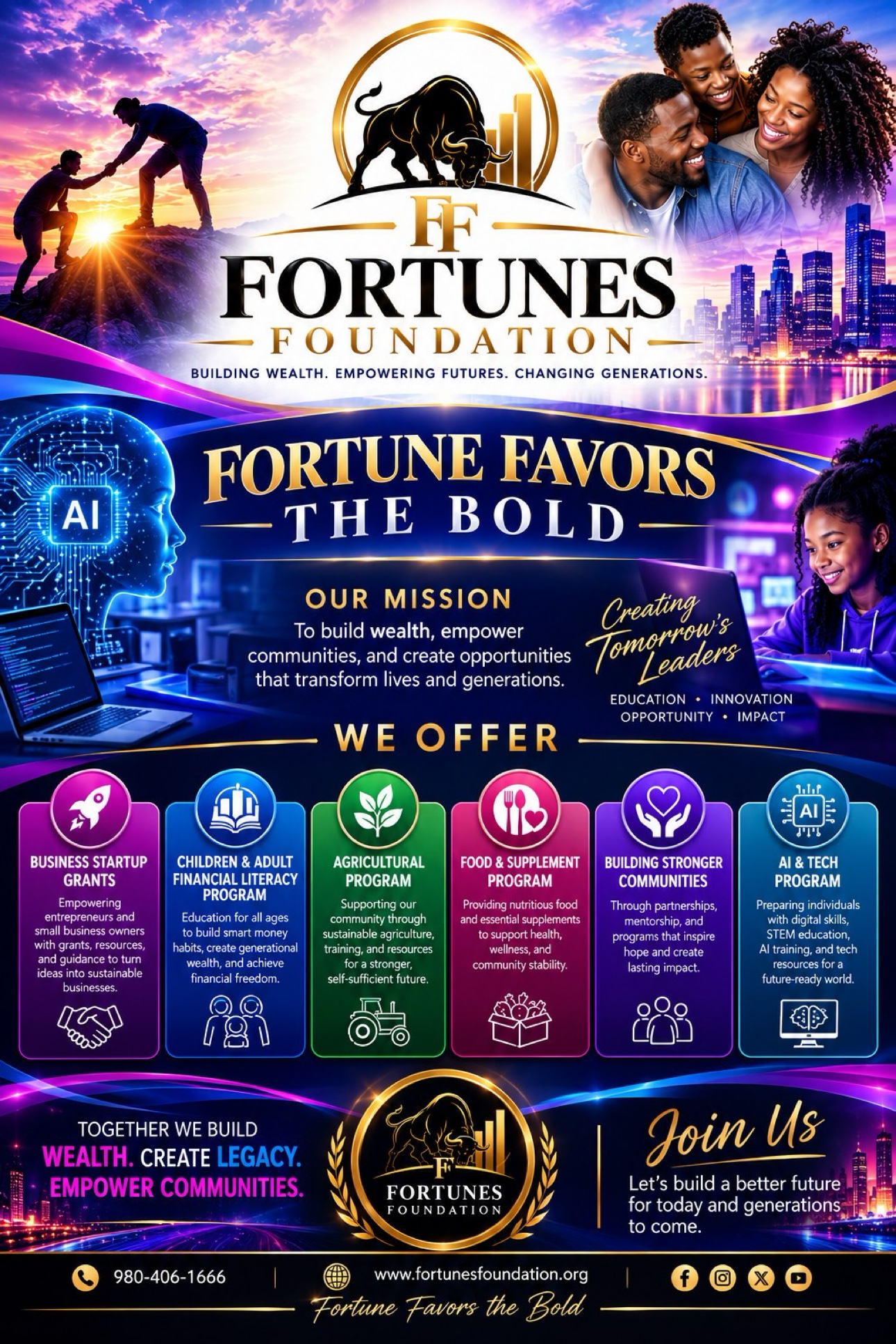 Fortunes Foundation program flyer: Fortune Favors the Bold — our mission and all six programs
