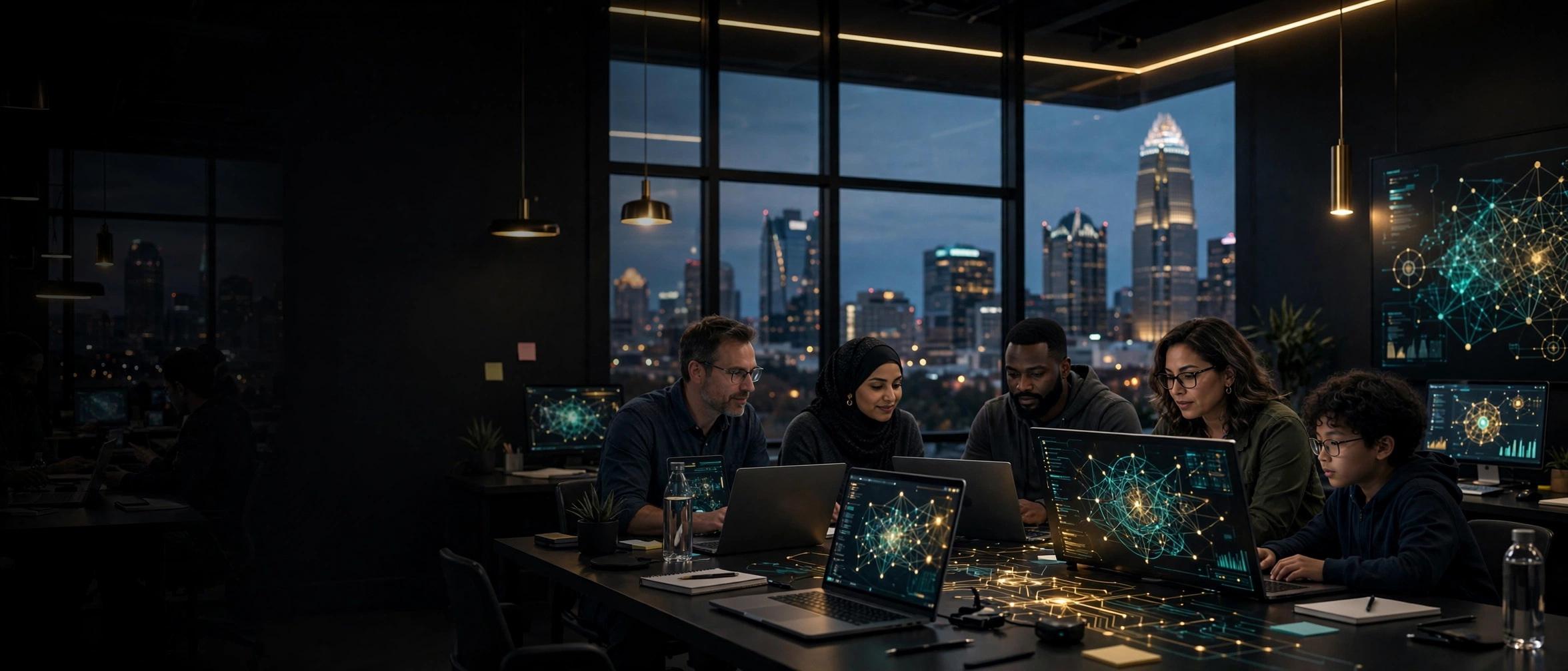 Learners of all ages working on laptops showing glowing neural-network graphics in a Fortunes Foundation AI and technology lab, with the Charlotte skyline at dusk through the windows behind them