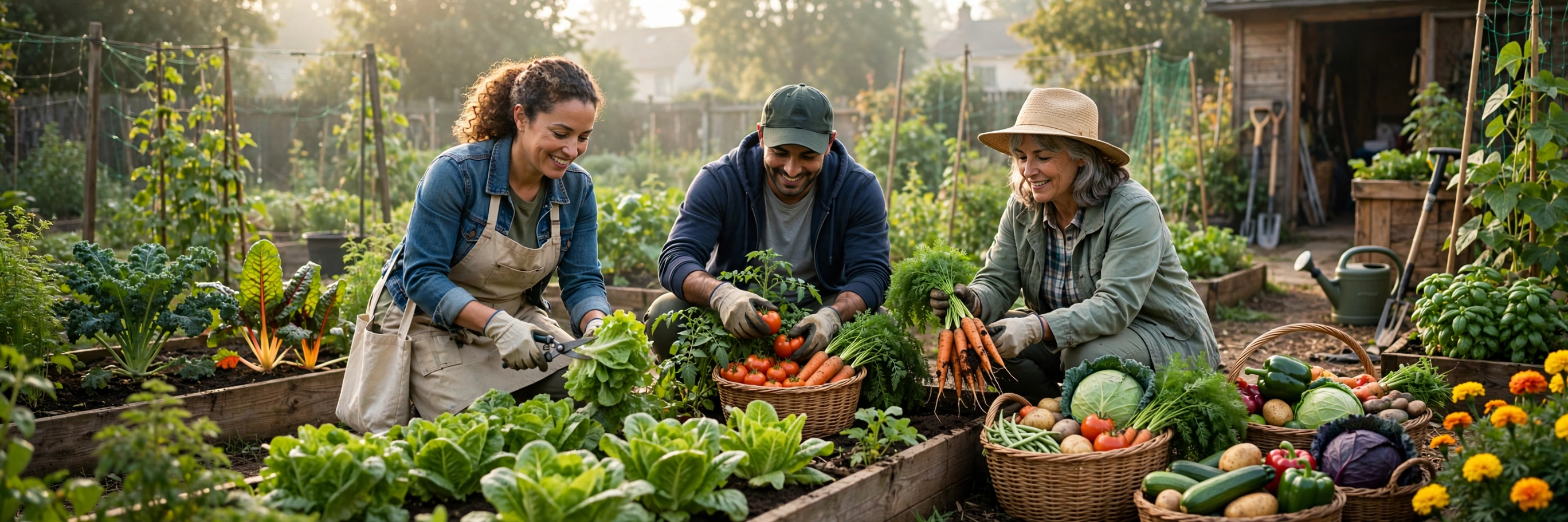 Community gardeners harvesting baskets of fresh vegetables in raised garden beds