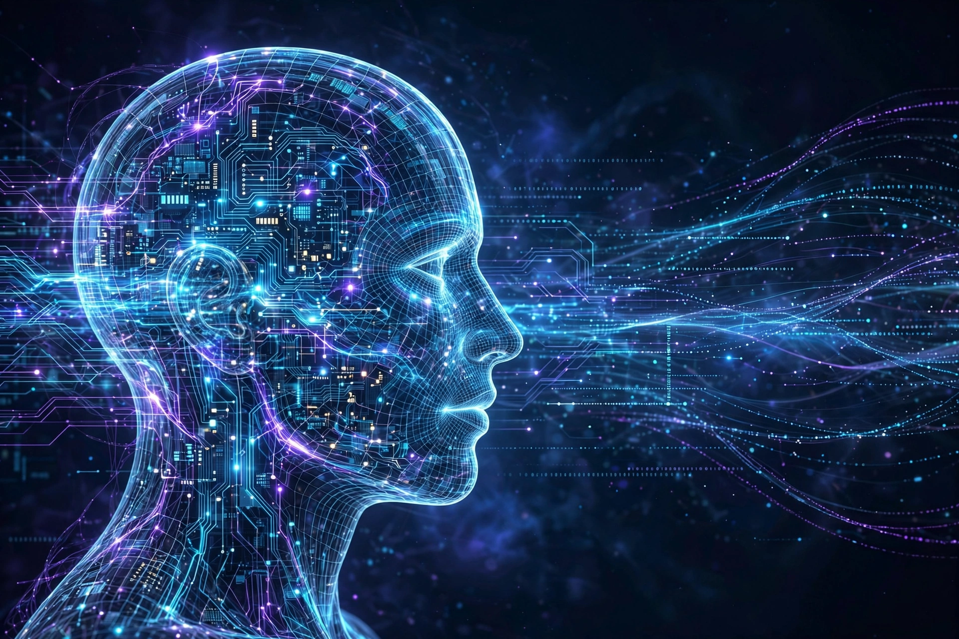 A glowing blue digital human head in profile formed from wireframe mesh and circuit-board patterns, with streams of data flowing across a dark background