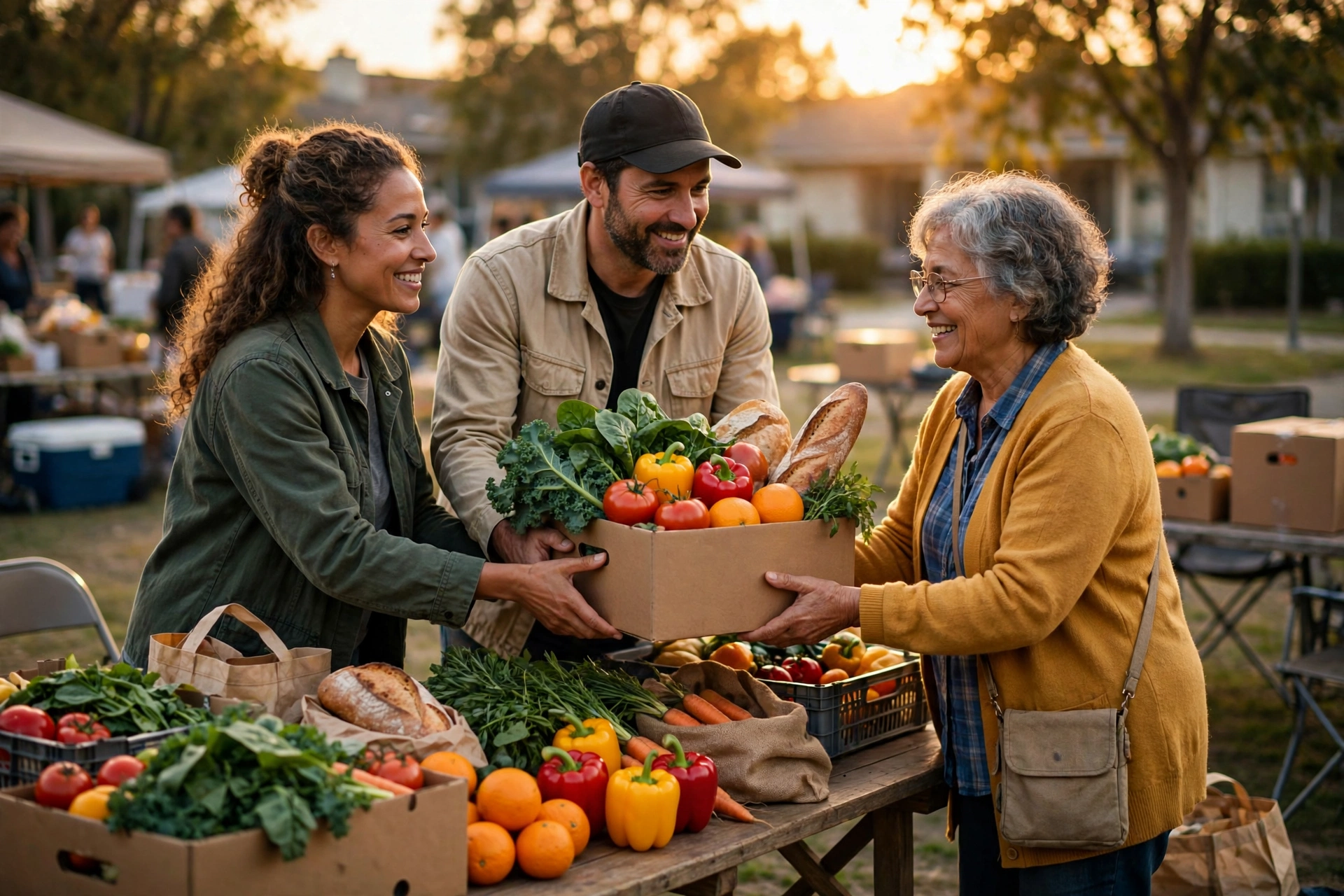 Volunteers handing a box of fresh produce — leafy greens, tomatoes, peppers, oranges, and bread — to a neighbor at an outdoor community food distribution table